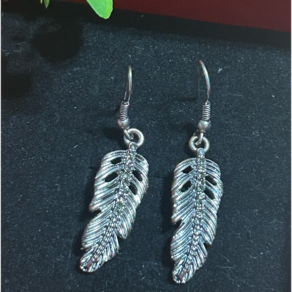 Silver Feather Etched Drop Earrings - Picture 3 of 3